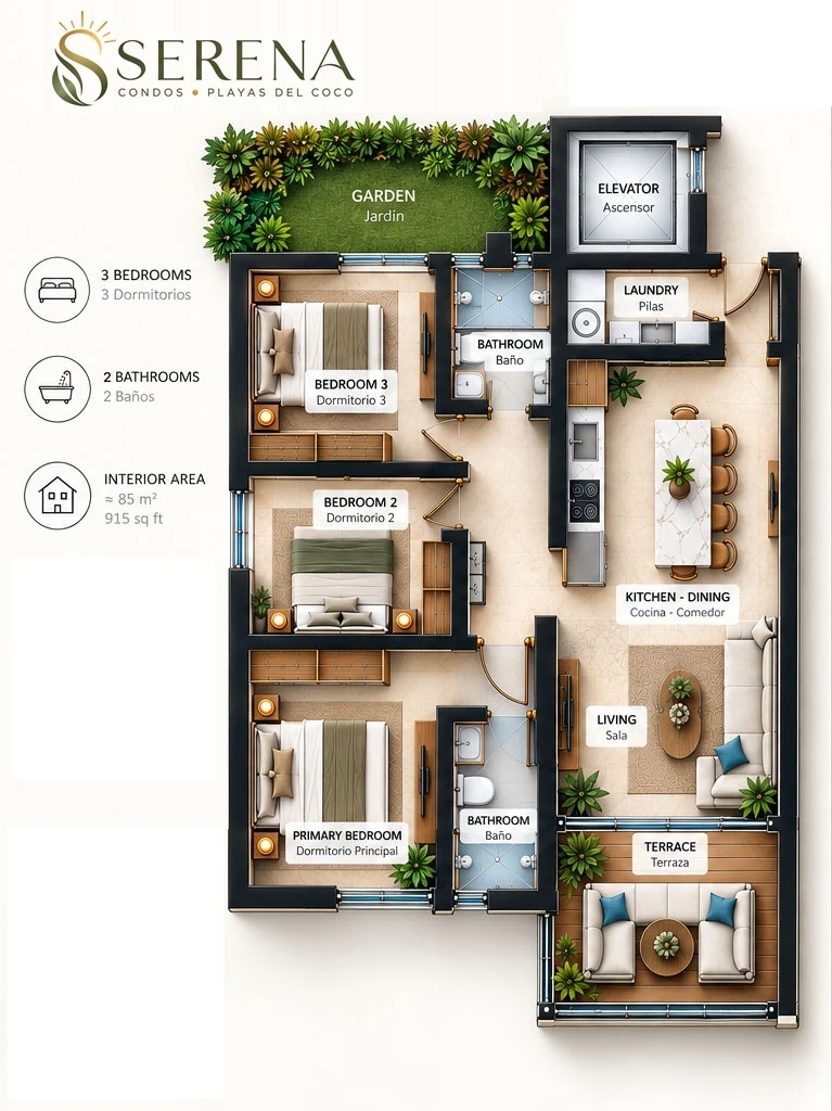 Serena Condos 1st and 2nd floor 3-bedroom 2-bathroom floor plan